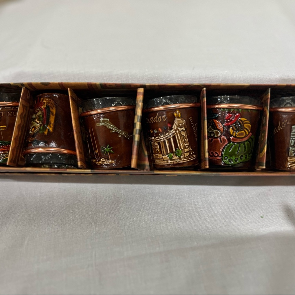 New in box Tooled Leather Shot Glasses ICultureTheme Ecuadorian Style Set of 6